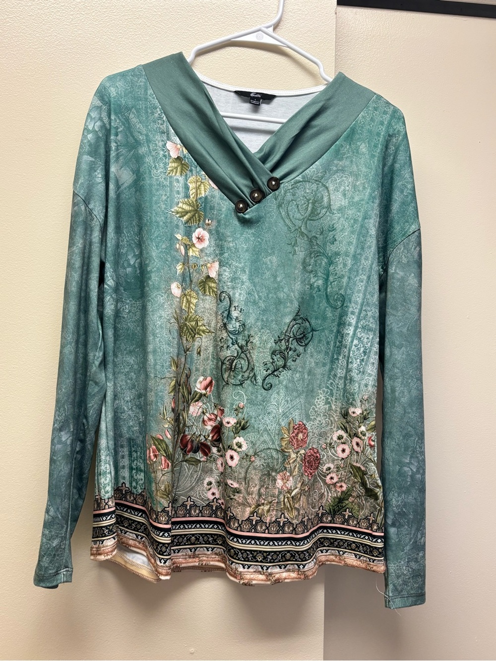 Teal Floral V-Neck Long Sleeve Top with Button Detail - Picture 4 of 4